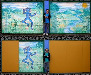 Photo of the mural before the boards and after the boards.  Artist:  Gwyllm Llwyd  Photos: Terry Carnahan